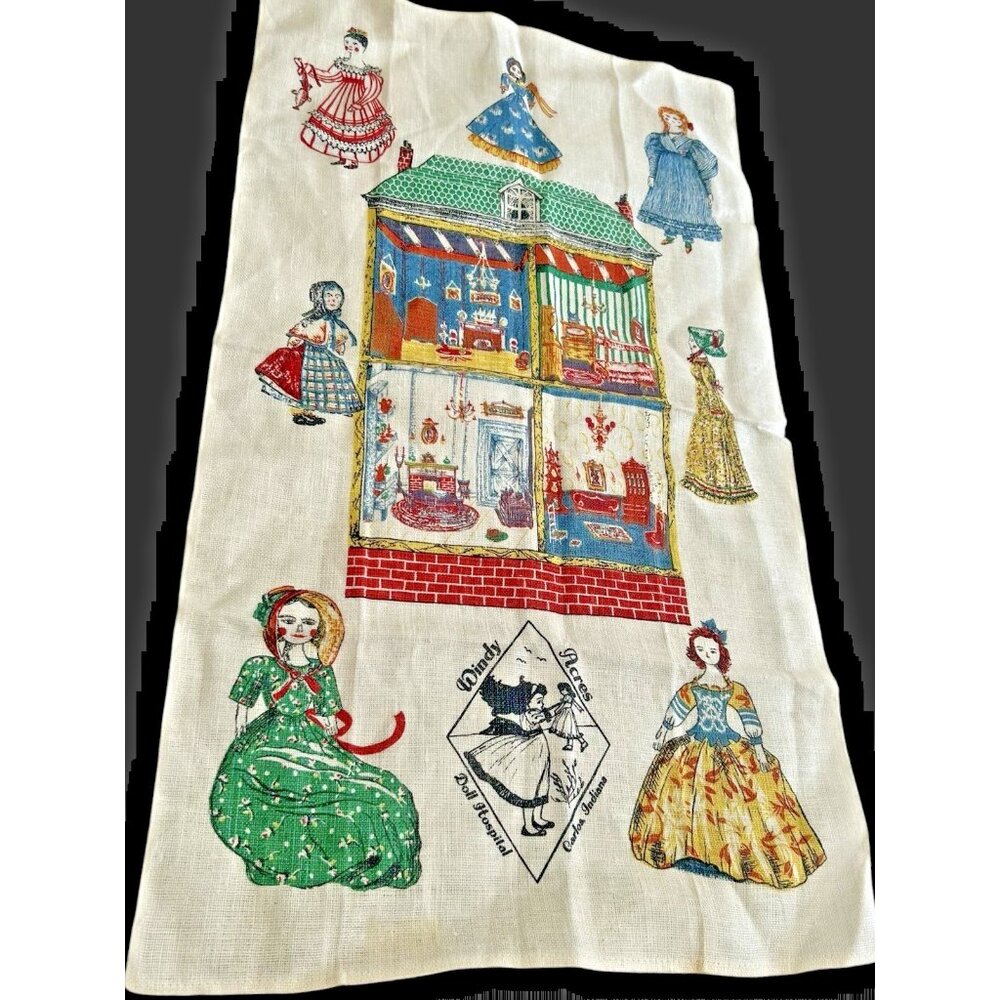 Windy Acres Doll Hospital Indiana Souvenir Kitchen TEA TOWEL 30”x 17” Kay Dee
